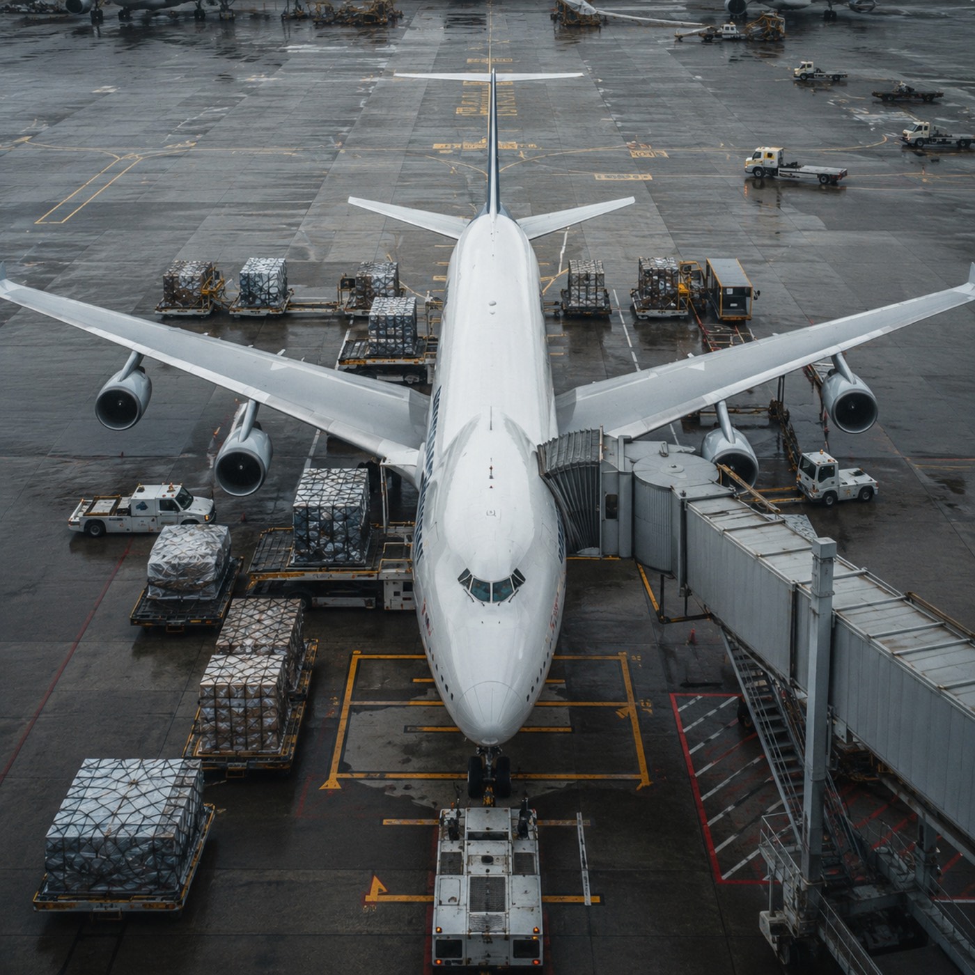 Cargo aircraft being loaded with air freight pallets at an airport