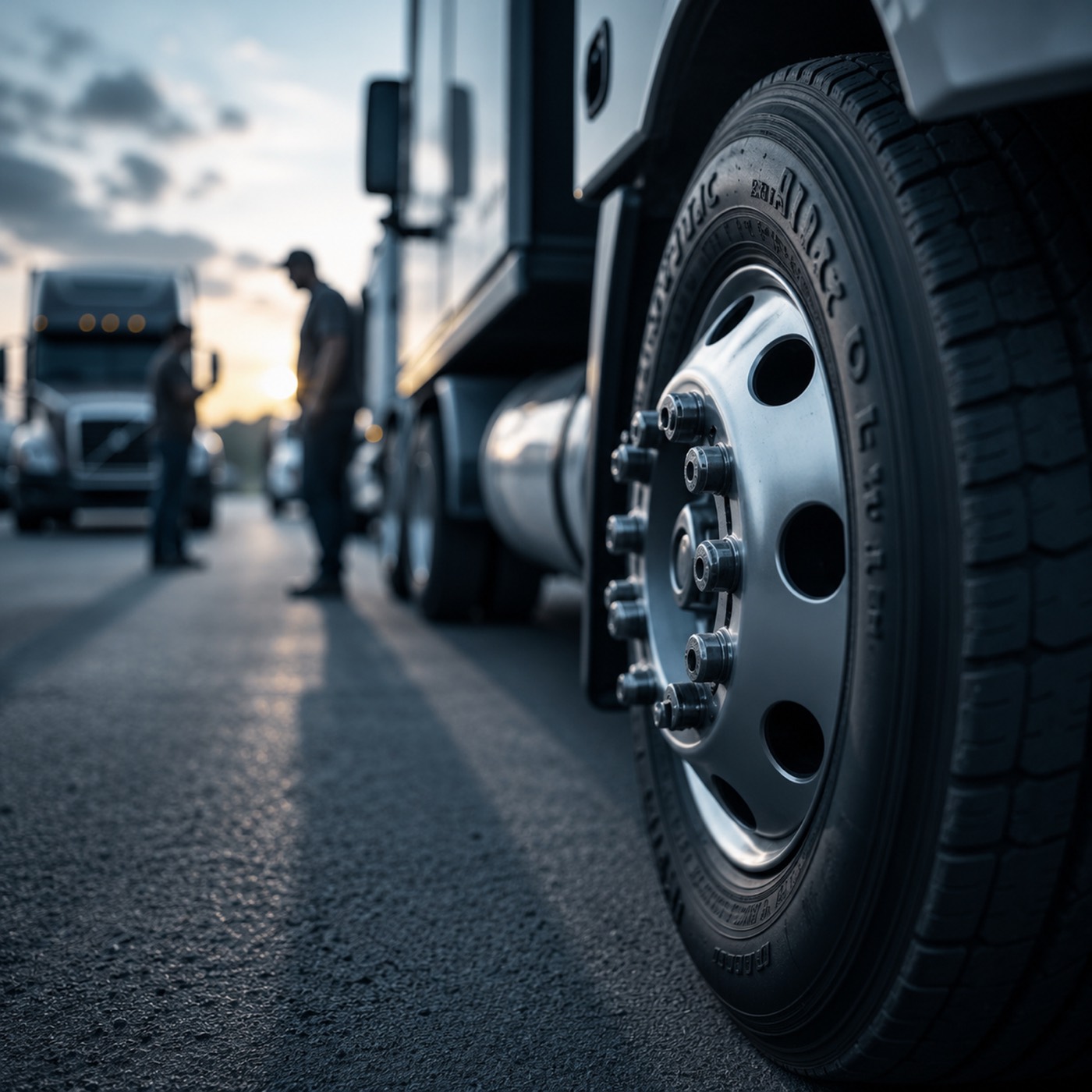 Truck driver carrying out a routine vehicle inspection in a fleet yard at sunrise