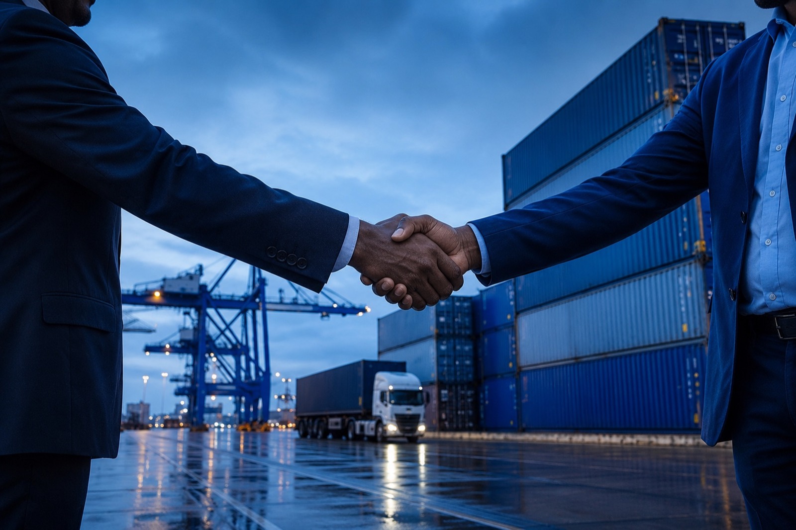 Logistics partners shaking hands at a container port, with a truck and cranes behind them