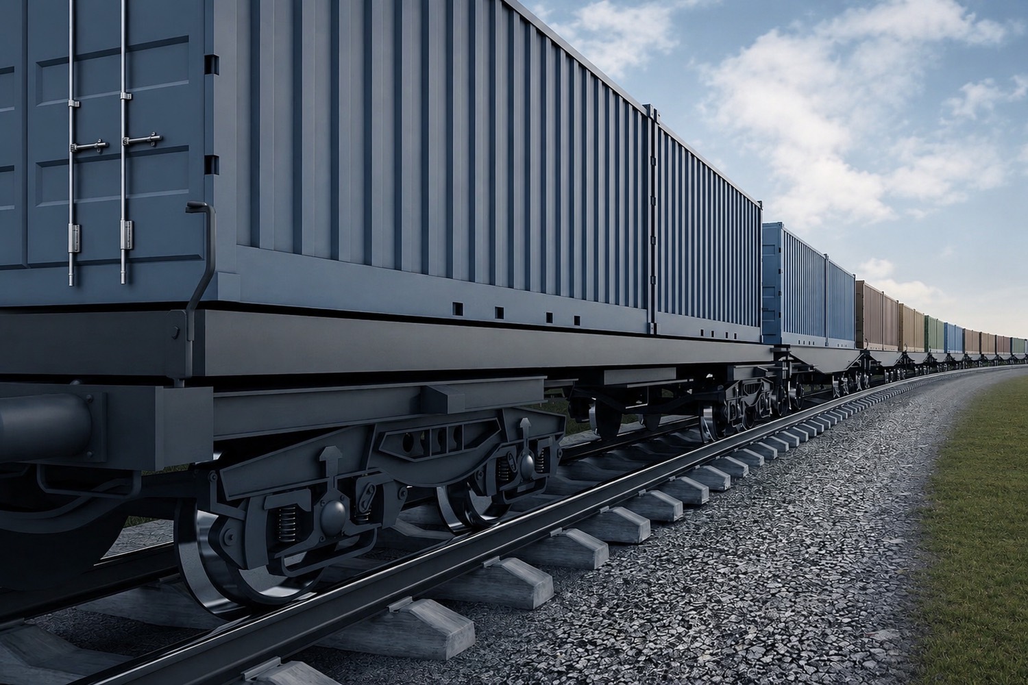 Freight train transporting shipping containers by rail