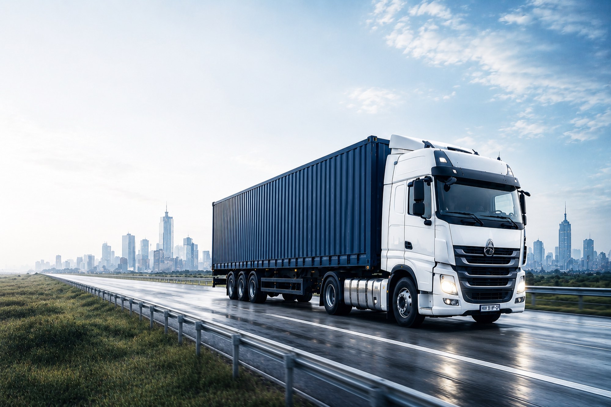 Road freight truck hauling a shipping container along a highway