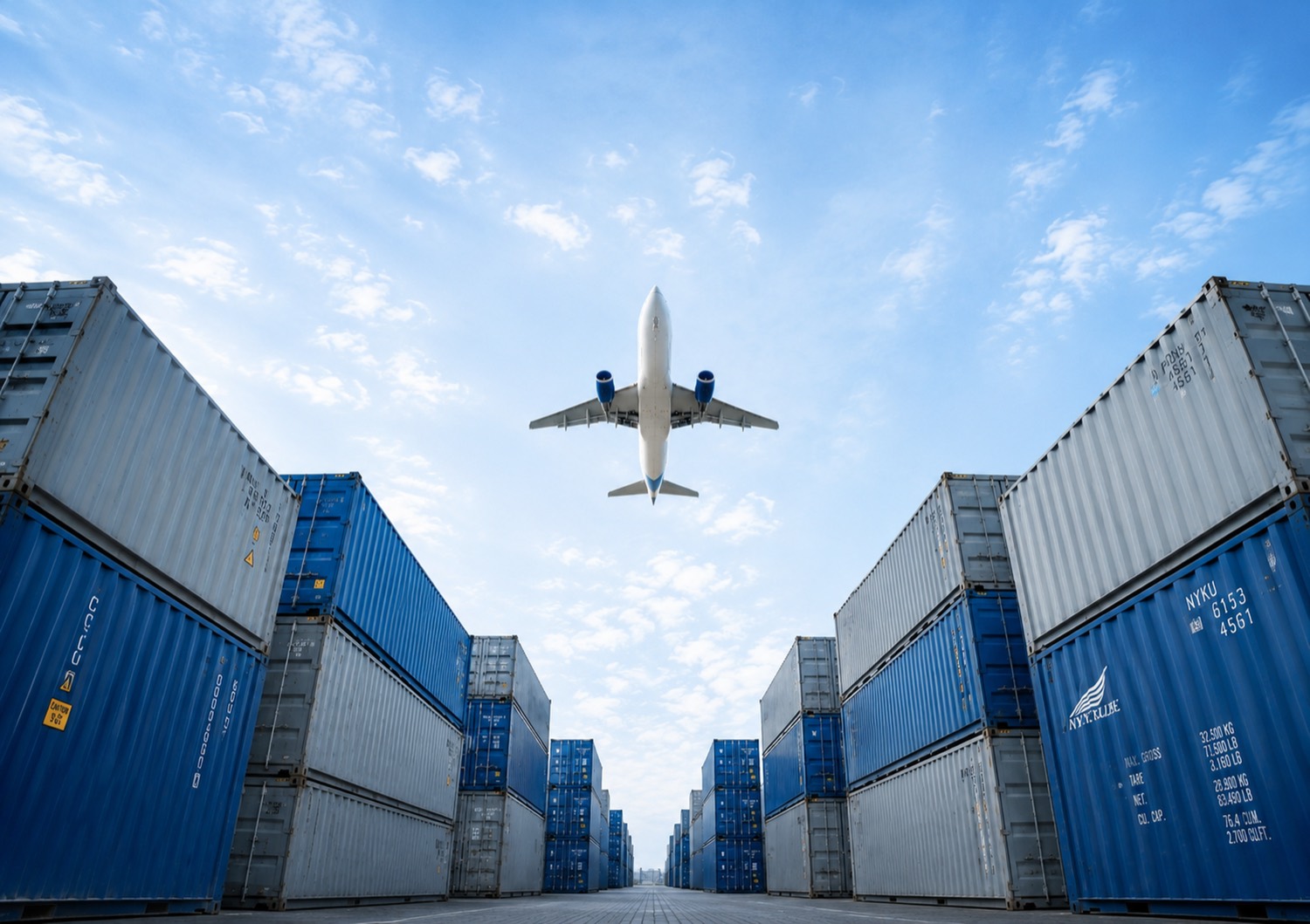 Cargo plane flying over a container terminal, linking air and sea supply chains